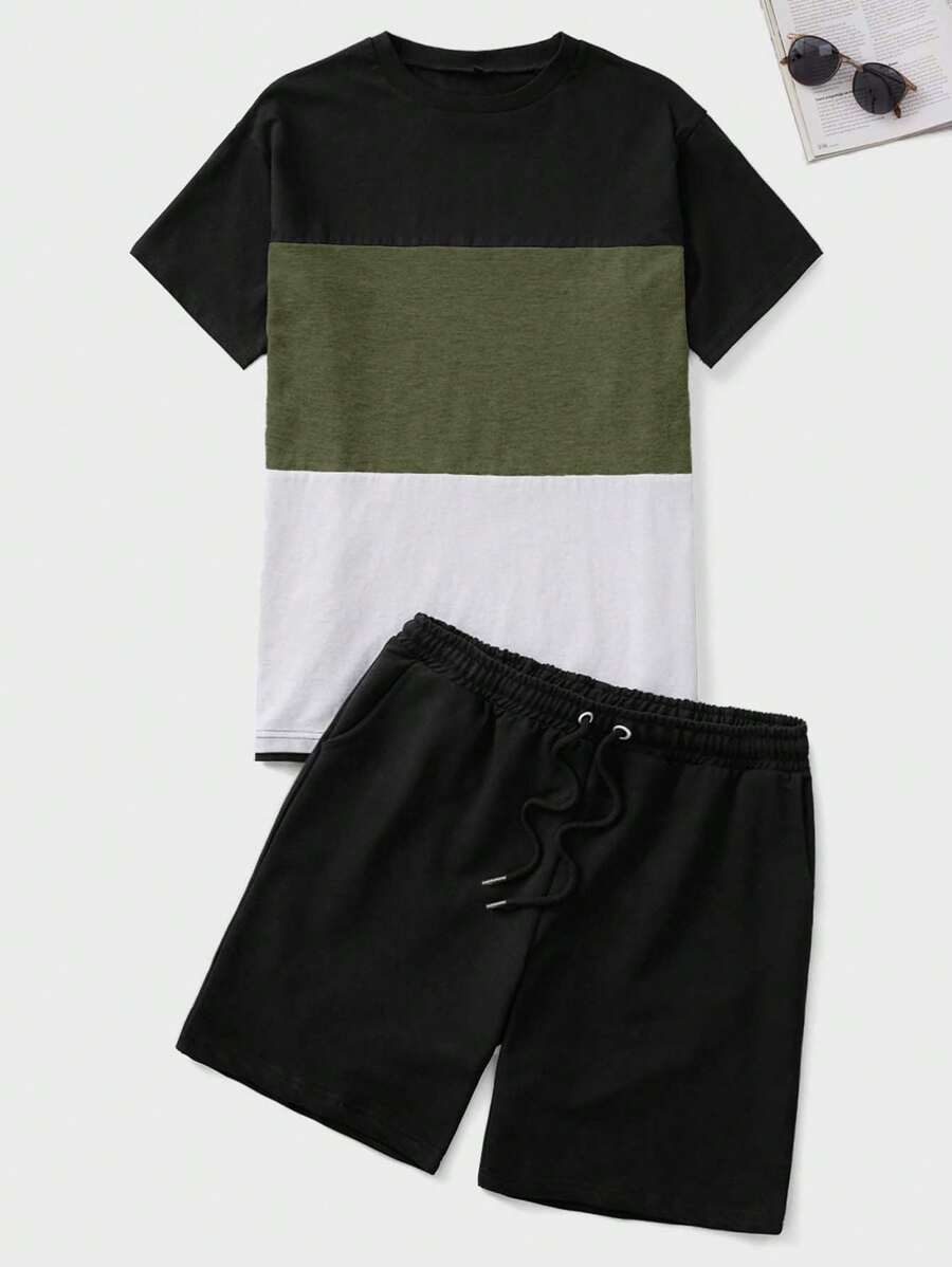 SHEIN Cottnline 男士撞色圆领短袖休闲T恤和抽绳腰短裤套装 - 彩色 - 查看 1