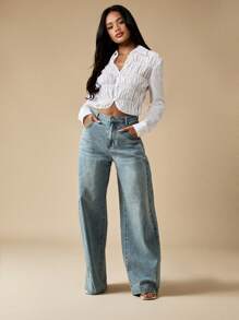 MISSGUIDED 褶饰前领纽扣长袖衬衫短款上衣休闲秋春时尚 - 白色 - 查看 5