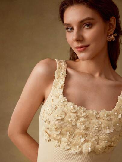 MOTF PREMIUM 罗纹纹理3D珍珠花朵装饰优雅休闲背心，适合女士，少女风格