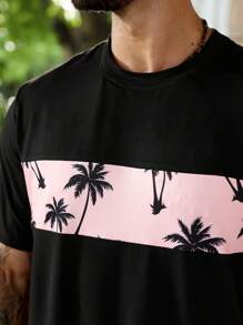 ResortEase Plus Size Men Relaxed Fit Crew Neck Short Sleeve Casual Coconut Tree Print T-Shirt Set