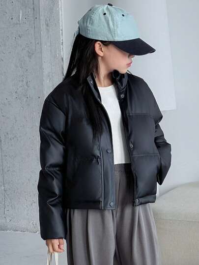 DAZY 少女棉质长袖外套，冬季纯色皮夹克