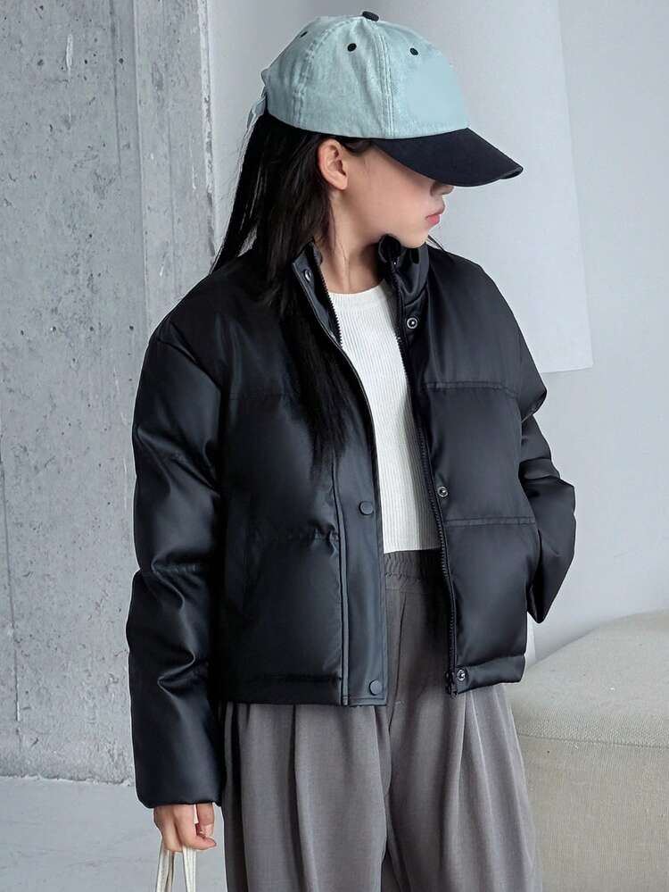 Tween Girls Cotton-Padded Long Sleeve Coat, Winter Solid Color Leather Jacket