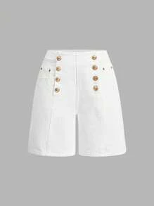 SHEIN MOD Women's Elegant Chic Palace Style White Loose A-Line Gold Button Denim Shorts - White - View 1