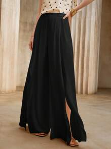 GENKIRA Calça feminina nova, cintura alta, alargada, cor sólida, casual, perna larga - Preto - Ver 5