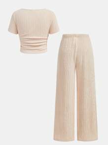 SHEIN 青少年女孩休闲时尚百搭针织纹理圆领褶皱腰修身短袖上衣和宽松阔腿长裤套装，周末休闲出游，返校 - 卡其色 - 查看 4