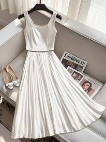 SHEIN 青少年女孩休闲法式优雅方领罗纹针织背心和百褶裙两件套，返校装，母子装 - 白色 - 查看 3