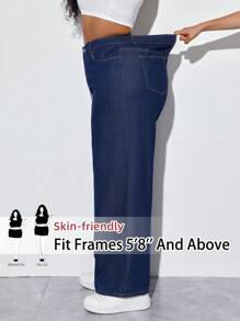 SHEIN Tall CURVE 女士加大码深蓝色宽松牛仔阔腿裤夏季 7 月 4 日女士 7 月 4 日工作机场度假俱乐部高腰牛仔裤复古