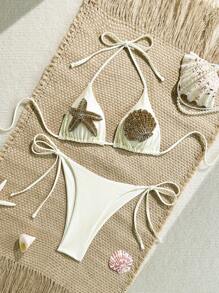 Swim Vcay 女士海星和贝壳水钻装饰比基尼上衣和侧系带比基尼下装高级两件套泳衣套装 - 米色 - 查看 1