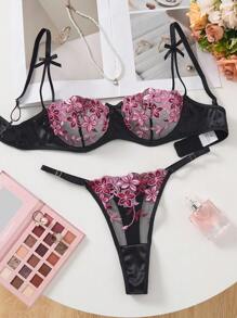 2件套浪漫花卉刺绣性感内衣套装女士 - 彩色 - 查看 6