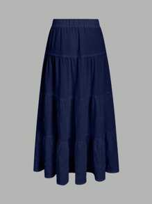 SHEIN EZwear Navy Blue Women Casual Vacation Multi-Layered Ruffle Skirt, Suitable For Summer Suitable For Going Out - Navy Blue - View 2