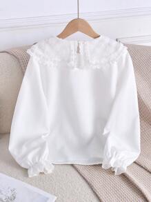 Blusa casual de manga larga con bordado floral elegante y ribete de encaje para niñas, para primavera/otoño