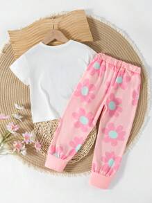 2 件套女童休闲可爱卡通英文图案上衣搭配花卉束腰罗纹下摆裤，适合外出、野餐、拍照 - 粉色 - 查看 2