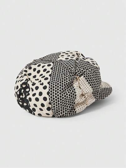 Kawaii (Random Polka Dot Pattern) 1pc Black & White Polka Dot Octagonal Hat, Vintage Style Small Face Beret Cap, Painter Hat For Women, Spring/Summer