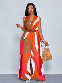 SOLERSUN Plus Size Women's Sleeveless Leaf Floral Print Elastic Waist V-Neck Jumpsuit, Suitable For Spring And Summer Vacation And Daily Wear, Jumpsuit - Orange - View 7