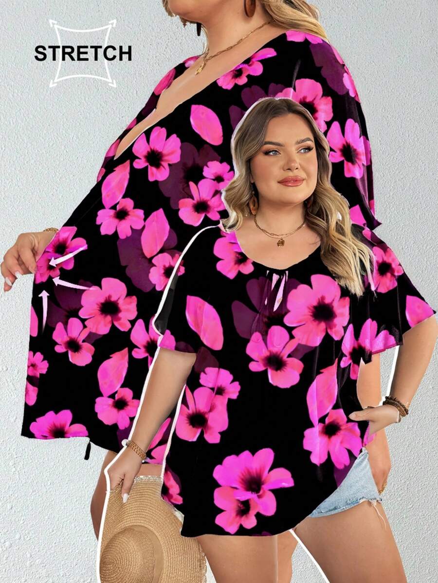 SHEIN CURVE+ Camisa de manga corta de cuello redondo suelta y casual con estampado floral, adecuada para outfits de otoño e invierno, vacaciones en el campo/playa - Multicolor - Ver 1