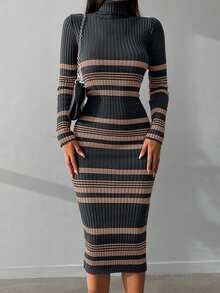 EURMUSE Damska sukienka dzianinowa z wysokim kołnierzem i długim rękawem w paski