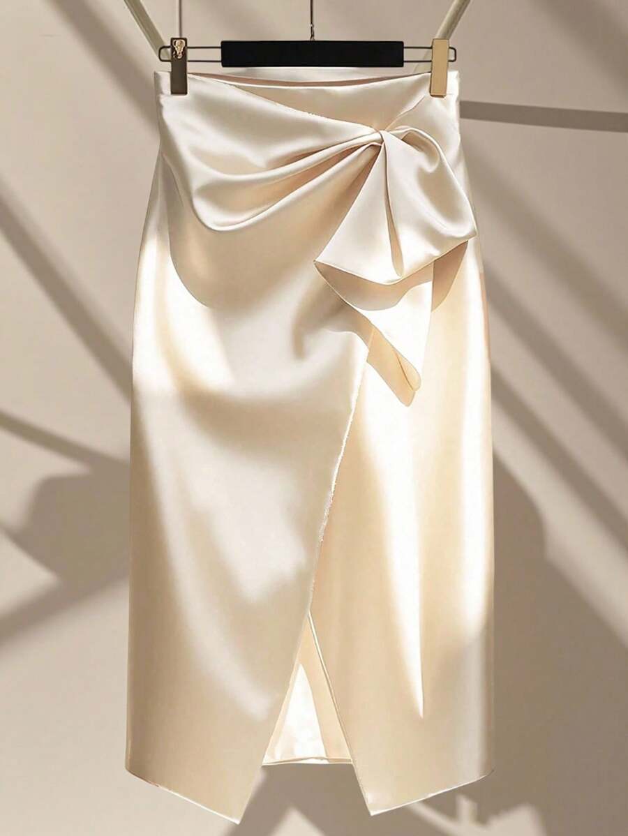 Franclia 女士时尚休闲缎面中裙 - 杏色 - 查看 1