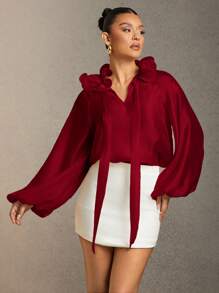 Hauture Women's Solid Color Frill Trim Tie Neck Red Lantern Sleeve Elegant Blouse - Burgundy - View 2