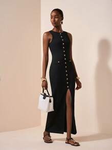 Zivah 2025 年夏季新品优雅圆领无袖紧身长裙，金属纽扣装饰和撞色口袋，适合母亲节、婚礼、生日、休闲装、旅行、街头装、商务通勤