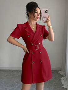 Rafferiza Women's Simple Solid Color Lapel Tie Waist Double Breasted Short Puff Sleeve Dress, Summer - Red - View 6