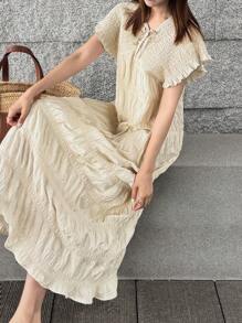 FRIFUL Robe longue décontractée d'été en ligne A ample, unie et à carreaux, avec fronces et nœud papillon pour les femmes