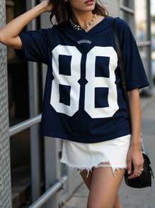 Plus Size Women Numeric Print V-Neck Short Sleeve Casual T-Shirt - Royal Blue - View 3