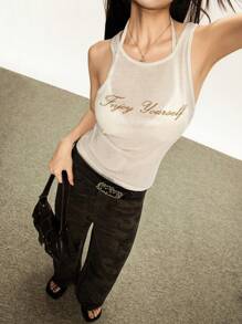 Rina Fox 美国复古女士透明无袖背心，宽松夏季分层背心 - 杏色 - 查看 1