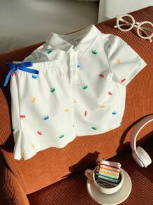 SHEIN Conjunto de 2 peças para bebê menino, camisa polo casual fofa com estampa de coroa e shorts com cós elástico, ideal para festas de aniversário, festas noturnas, apresentações, casamentos, chás de bebê, batizados e comemoração de 1º aniversário - Multicolorido - Ver 3