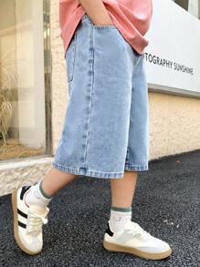 SHEIN Teen Boy Fashion Old Money Casual Cotton Elastic Waist Pocketed Casual Denim Shorts, Dailywear Summer And Spring Rave Festival And Beach