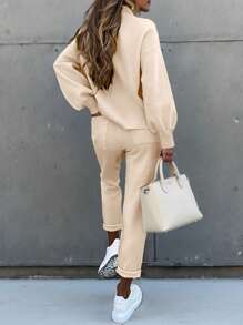 SHEIN LUNE 2pcs Set Women Casual Comfortable National Flag & Letter Print Crew Neck Sweatshirt And Drawstring Long Sweatpants - Apricot - View 2