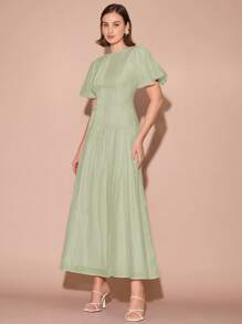 Enchnt Đầm suông tay bồng xếp ly cổ tròn màu trơn thanh lịch cho nữ - Màu xanh Bạc hà - Xem 5