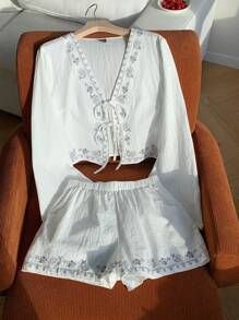 Comfortcana Women's Fall Bohemian Cashew Print Tie Front Blouse And Shorts Set