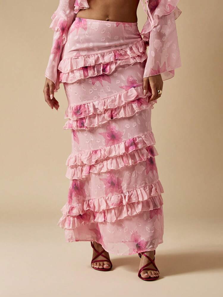 MISSGUIDED Floral Burnout Ruffle Maxi Skirt Spring Wedding Guest Event Formal Party Tiered Floor Length Mermaid Design