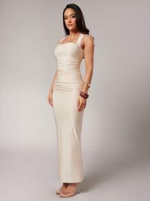 Women's Elegant Simple Solid Color Square Neck Pleated Slim Long Dress, Summer - Apricot - View 6
