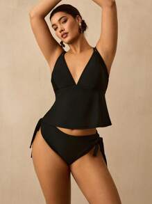 SHEIN VCAY 大码女式夏季海滩度假简约纯色O型环露背侧系带比基尼套装