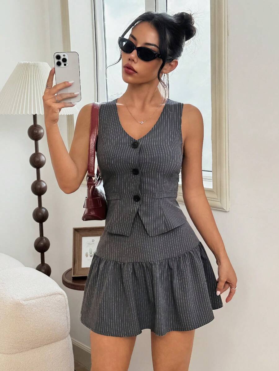 New Style Waistcoat And Skirt Two Pieces Suit For Women, French Waist-Defining Sleeveless - Grey - View 1