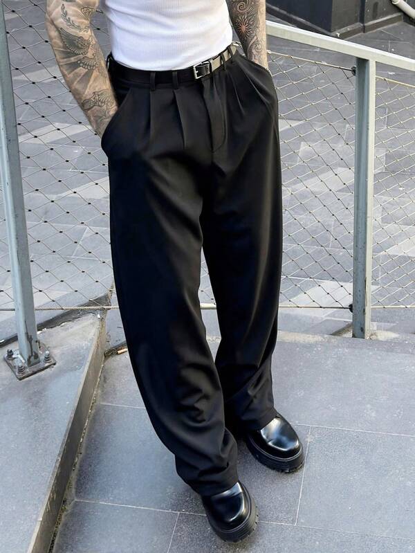 Manfinity Mode Men's Designer Dress Pants, Fashion Casual Formal Black Suit Pants, Elegant Draping Effect
