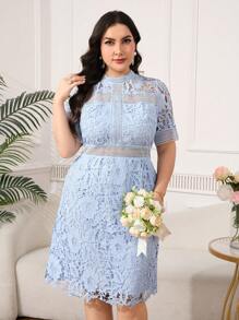 SHEIN Clasi Plus Size Women Elegant Lace Patchwork Baby Blue Summer Dress,Commuter Graduation Royal Blue Dresses,Light Blue Wedding Guest Dress For Women - Blue - View 4