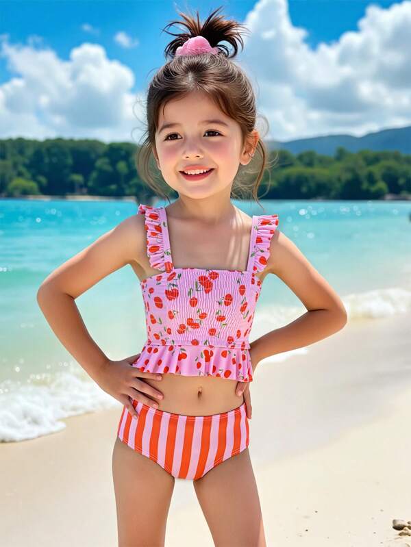 SHEIN Young Girl Tomato Striped Print Ruffle Strap Crop Top Tankini 2-Piece Swimsuit Set