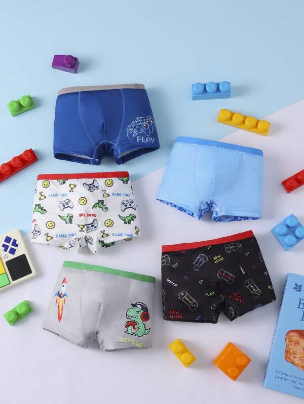 5 Packs Boys' Comfortable Dinosaur & Game Print Boxer Briefs