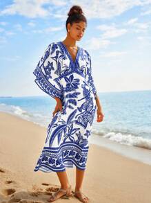 Travachic 复古热带印花V领休闲连衣裙，夏季 - 藍色 - 查看 6