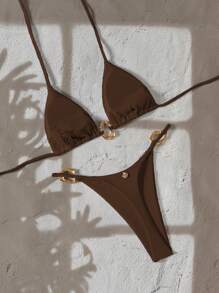 Swim Vcay Ensemble de bikini femme nouvelle mode, couleur unie, décolleté ras-du-cou, dos nu, décoration métallique, sexy triangle, été plage