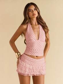 SHEIN BAE 女式圆点修身V领无袖背心 - 珊瑚粉 - 查看 6