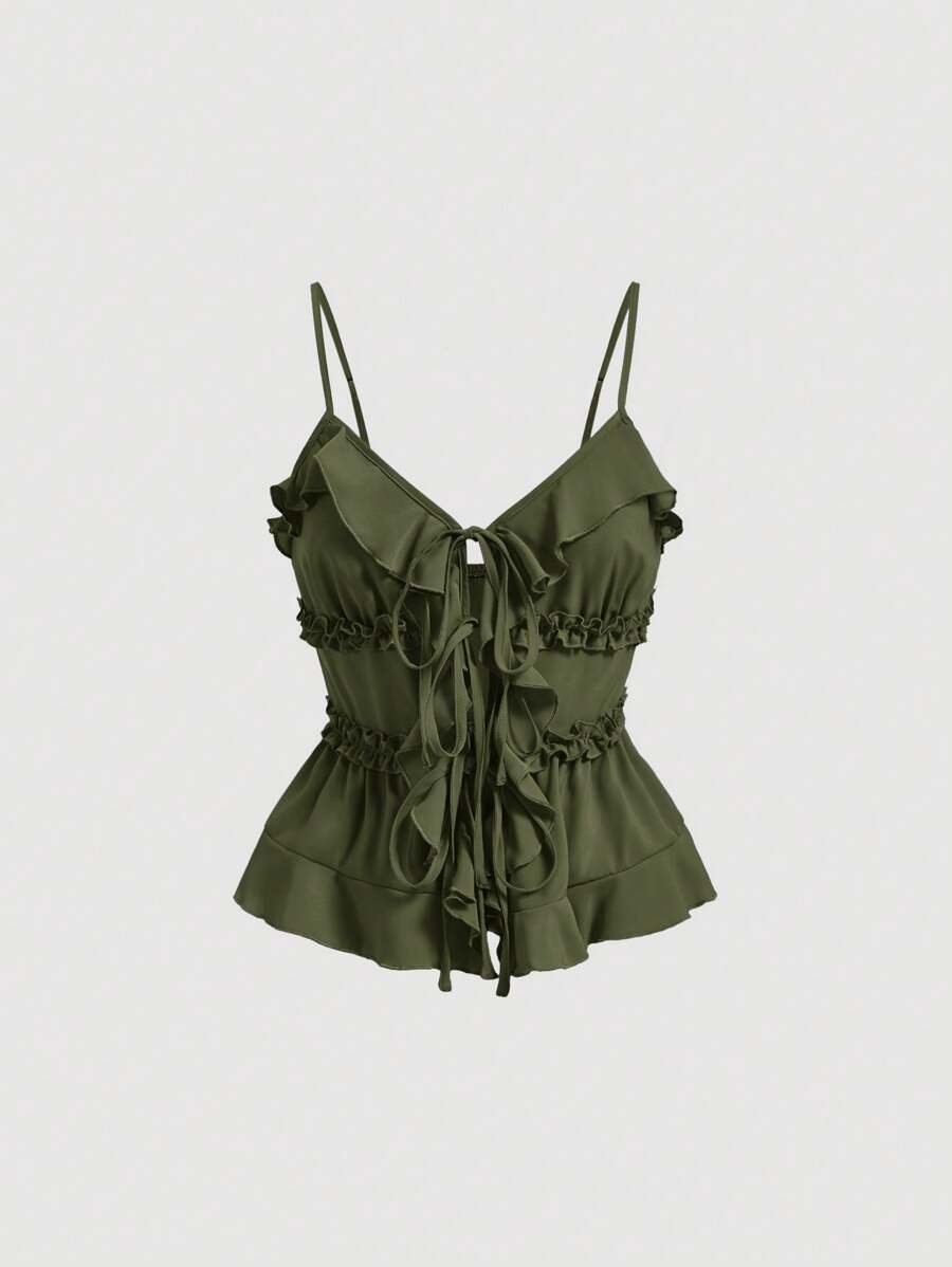 SHEIN MOD Summer Army Green Bodycon Ruffle Cup Wireless Bralette With Front Knot And Back Straps - Army Green - View 1