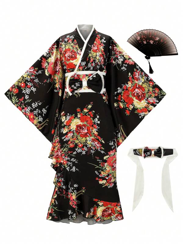 Irokai Colorful Floral Print Yukata With Wide Sleeves Bowknot Yukata (Modified Japan Style Kimono Robe), Easy Wearing