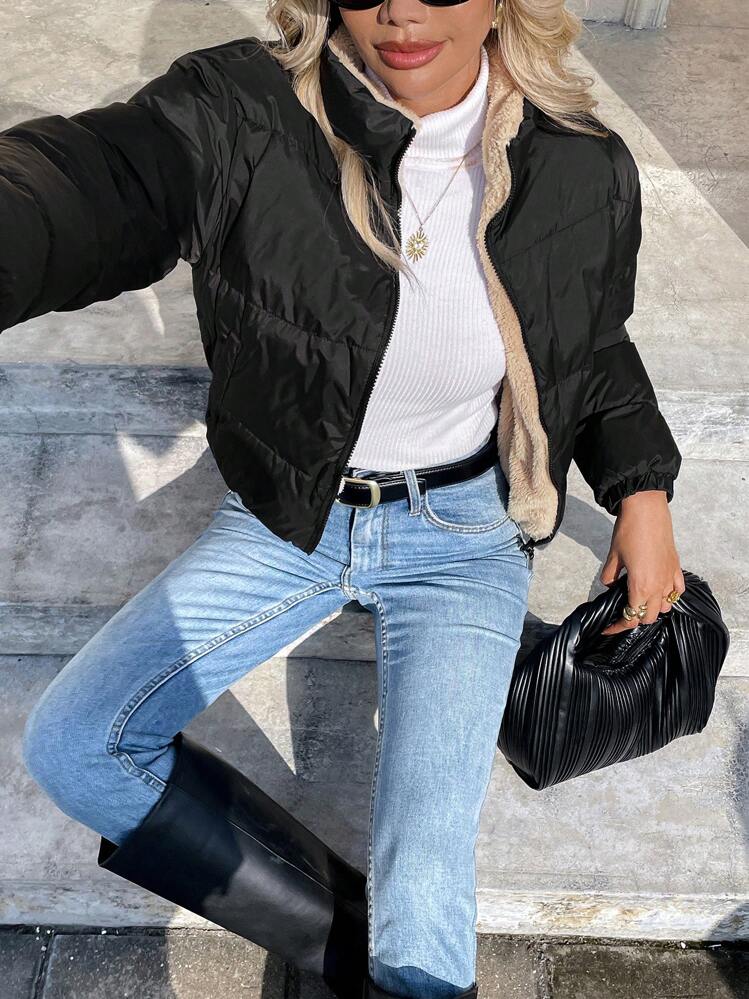 Cappotto imbottito con cappuccio reversibile con chiusura lampo per l'autunno/inverno - nero - Visualizzare 6