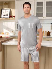 休闲舒适的条纹印花情侣休闲套装 - 灰色 - 查看 5