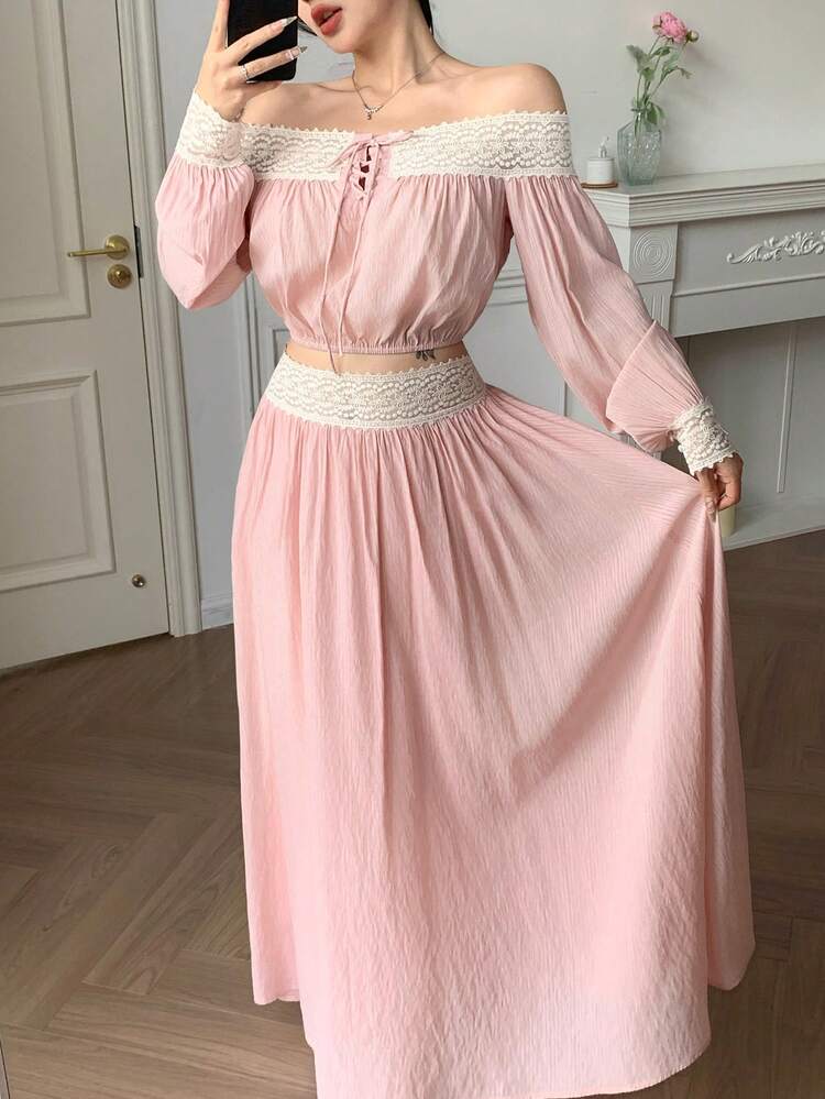 Women's Summer One Shoulder Lace Splice Long Sleeve Top And Maxi Elegant Skirt 2-Piece Vacation Dress Set Off Shoulder Top