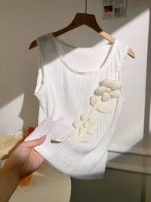 SHEIN EZwear 女式夏季假日风格 3D 花卉装饰纹理面料背心 - 白色 - 查看 8