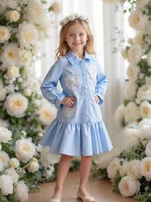 Robe chemise à volants avec imprimé floral pour jeune fille